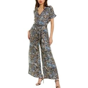J McLaughlin Marea Wide Leg Jumpsuit Black Blue Paisley Print Silk Size Medium